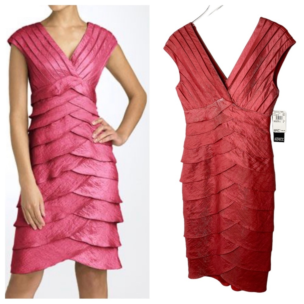 NWT Adrianna Papell Red Lyrd Tiered Shutter Pleats Cap Sleeve Sheath Dress 4